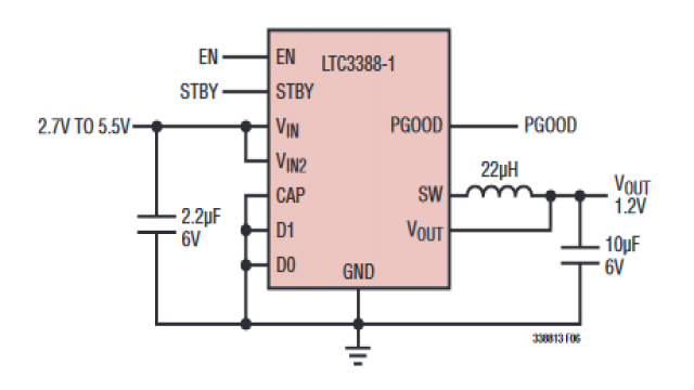 圖 1：簡(jiǎn)便的 LTC3388-1 典型低壓應(yīng)用電路